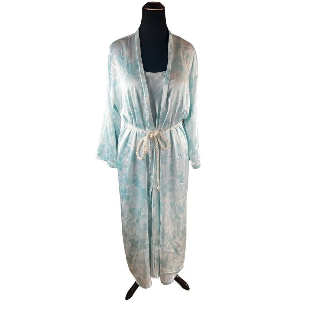 Oscar de la renta pink label cami nighty robe set blue floral rope M/L